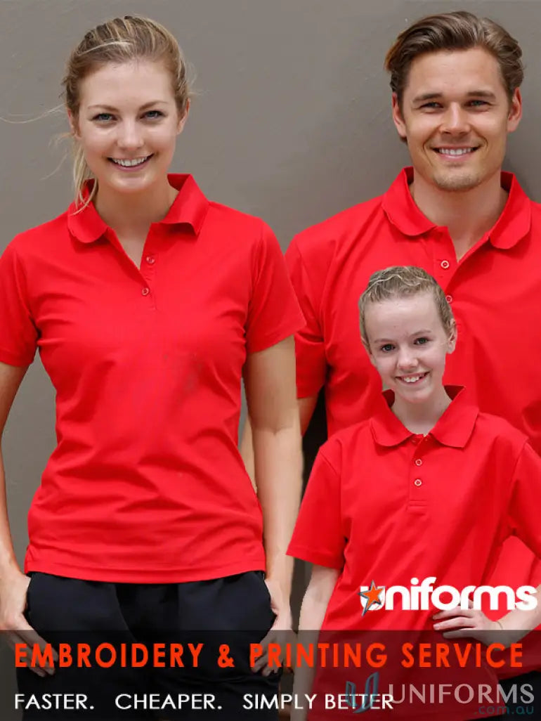 Three people of different ages in matching red ps82 Verve Polo shirts with flat knitted collar