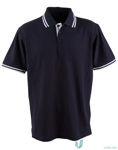Dark blue Heart Foundation Mens Pique Polo with white stripe sleeve and collar