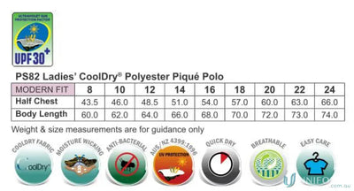 Size chart for Heart Foundation Ladies Polo with CoolDry® polyester mini fabric features