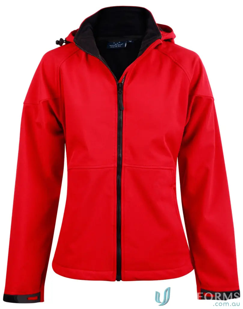 Red hooded softshell jacket from Heart Foundation Ladies JK34 Aspen Softshell HI-TECH 4-Way Stretch