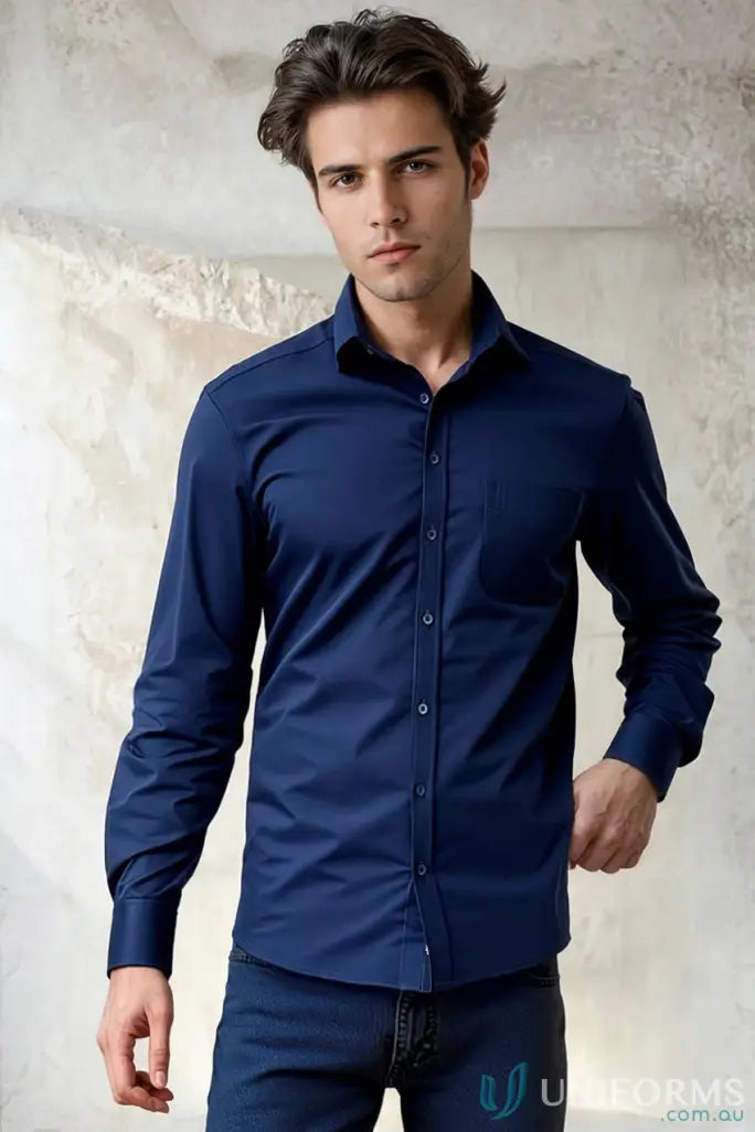 Dark blue men’s long-sleeved shirt from Heart Foundation EMIbx2 with modern narrow collar