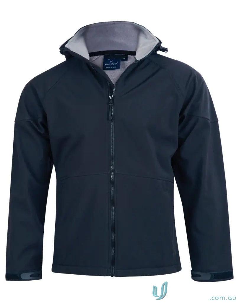 Dark blue Heart Foundation EMBx2 men’s softshell jacket with jk33 aspen hood and gray collar