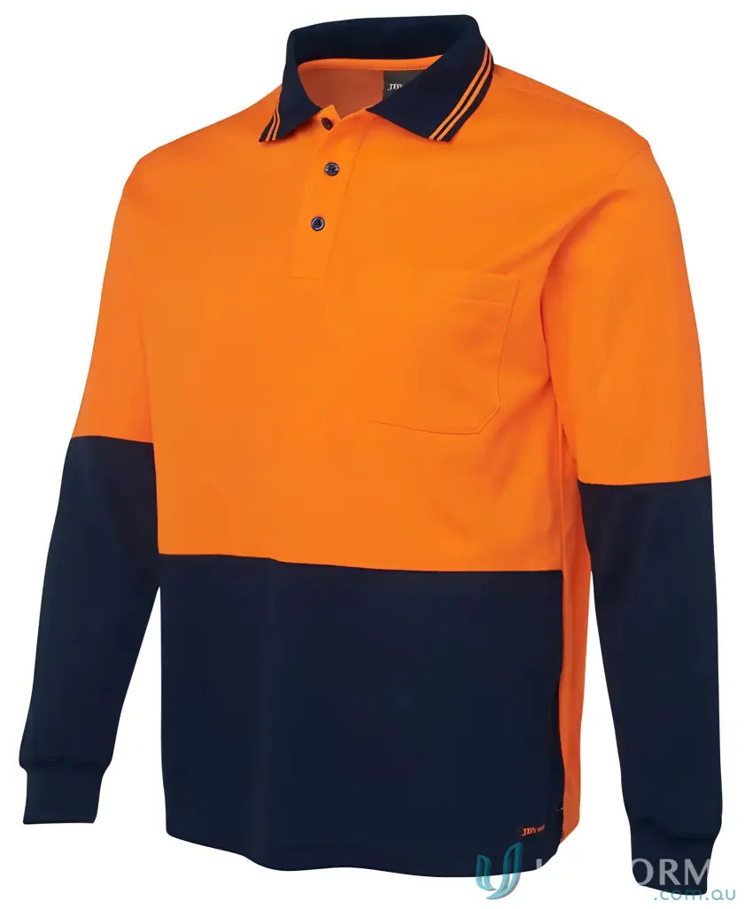 Orange and navy blue cotton workwear polo shirt with chest pocket from HiVis LS Cotton Back Polo