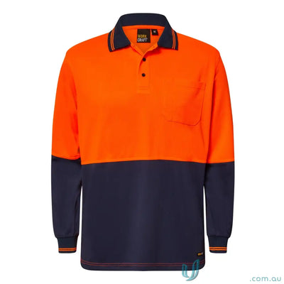 Orange and navy blue HiVis LS Pocket Polo with dark collar and chest pocket
