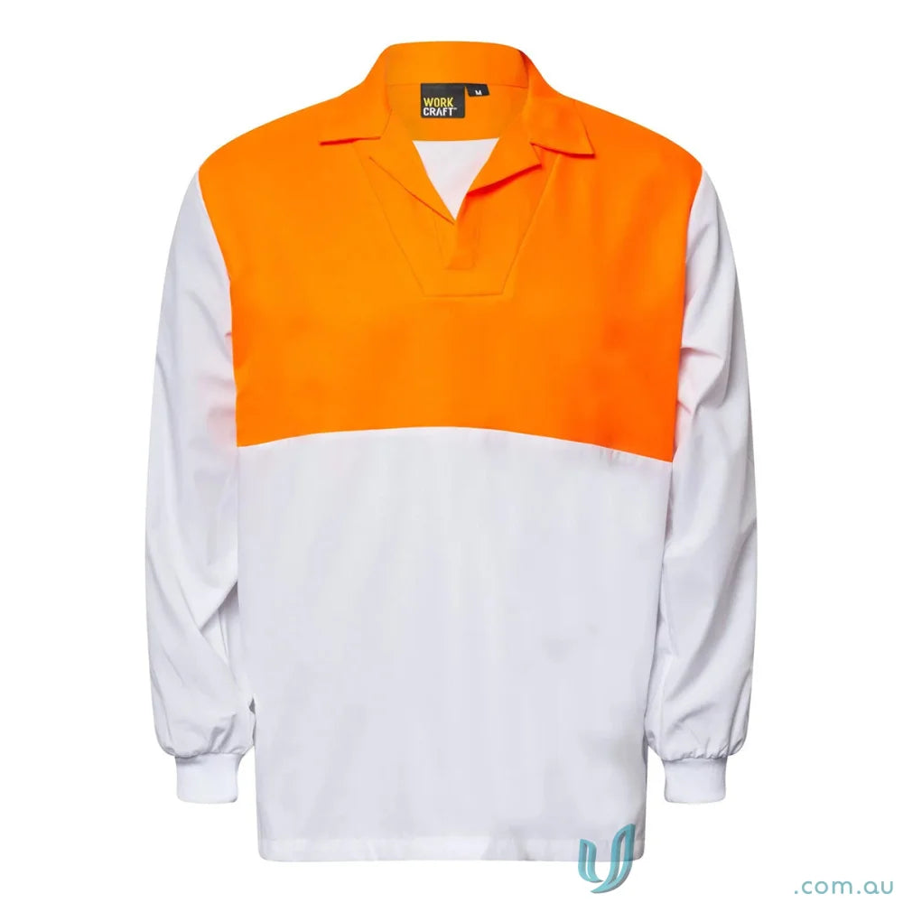 Orange and white long-sleeved HiVis Modesty Insert Jac Shirt with concealed tab for food industry
