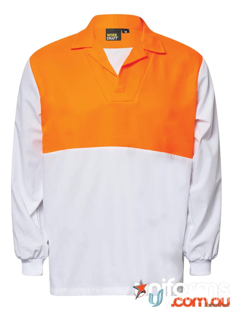 Orange and white long-sleeved HiVis modesty shirt with concealed tab for food industry