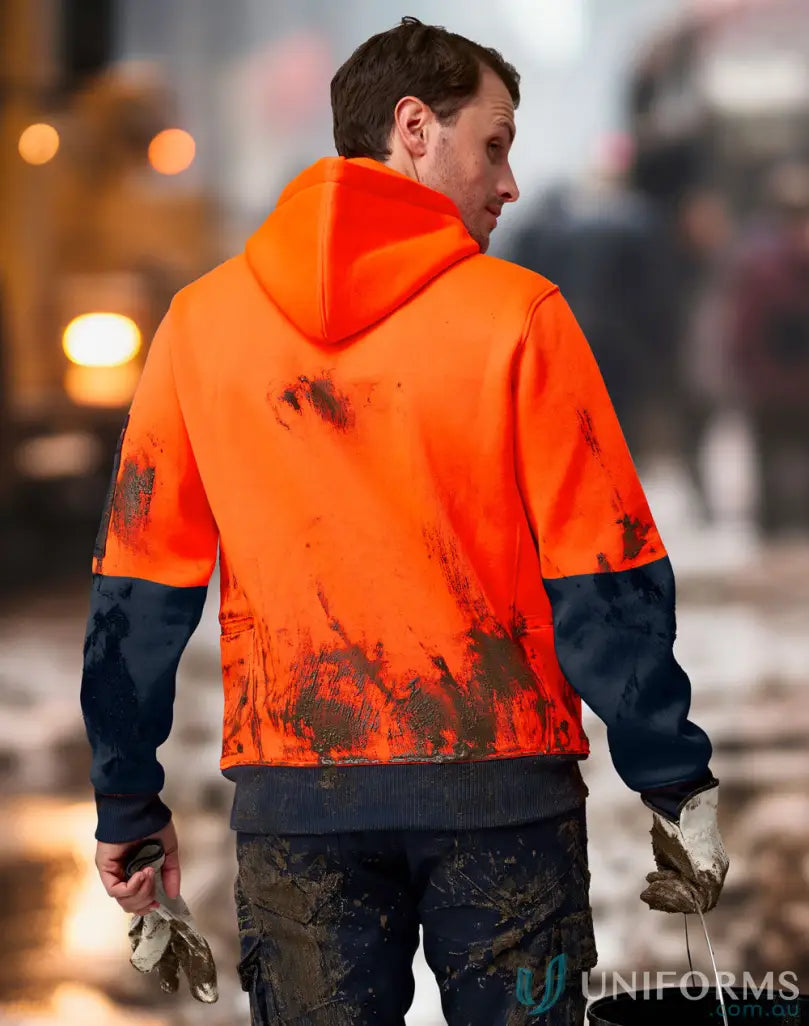 Man modeling HiVis Water Resistant Fleece Hoodie SW91 in bright orange and navy blue