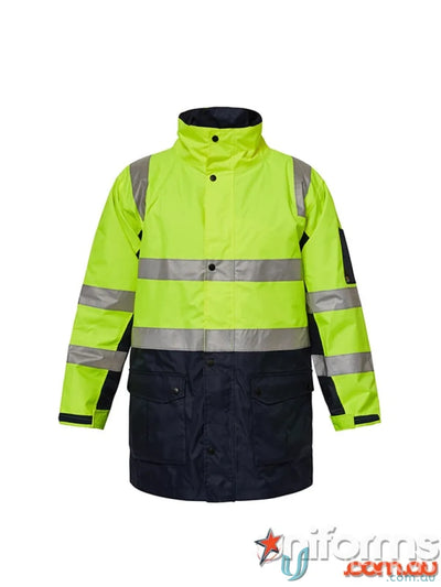 High-visibility yellow navy work jacket made of 300d polyester oxford with oxford pu coated added protection