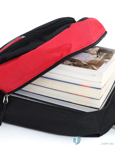 Overstuffed red and black Iconic Promo Backpack with adjustable shoulder straps
