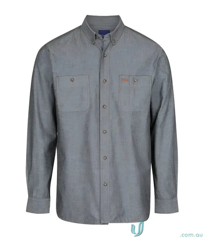 Gray long sleeve industrial chambray work environment shirt displayed in style
