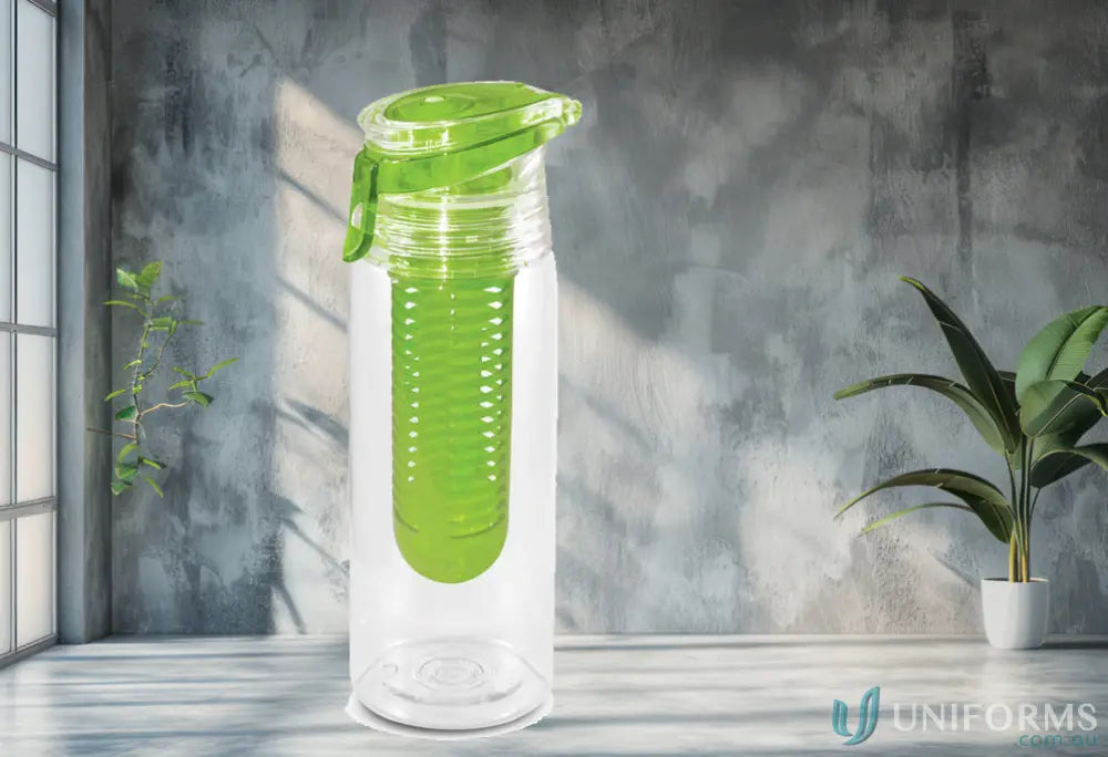 Clear water bottle with green infuser for workwear and uniforms, 750ml Tritan bottle