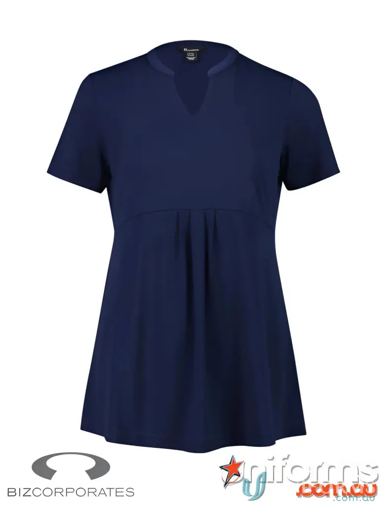 Navy blue IOP EMB Ladies Easy Fit Top rt262ls workwear tunic with V-neck and short sleeves