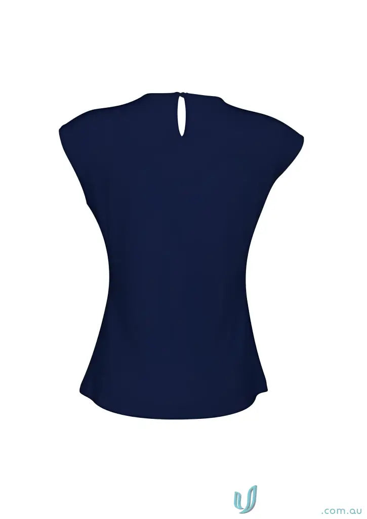 Dark blue jersey knit women’s short-sleeved blouse with keyhole neckline for workwear