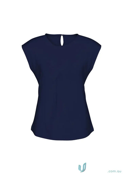 Dark blue jersey knit short-sleeved blouse with keyhole neckline for workwear or uniforms