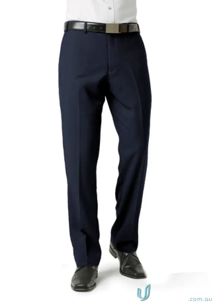 IOP Mens Flat Front Pant dark blue work uniforms regular fit with black belt and shoes