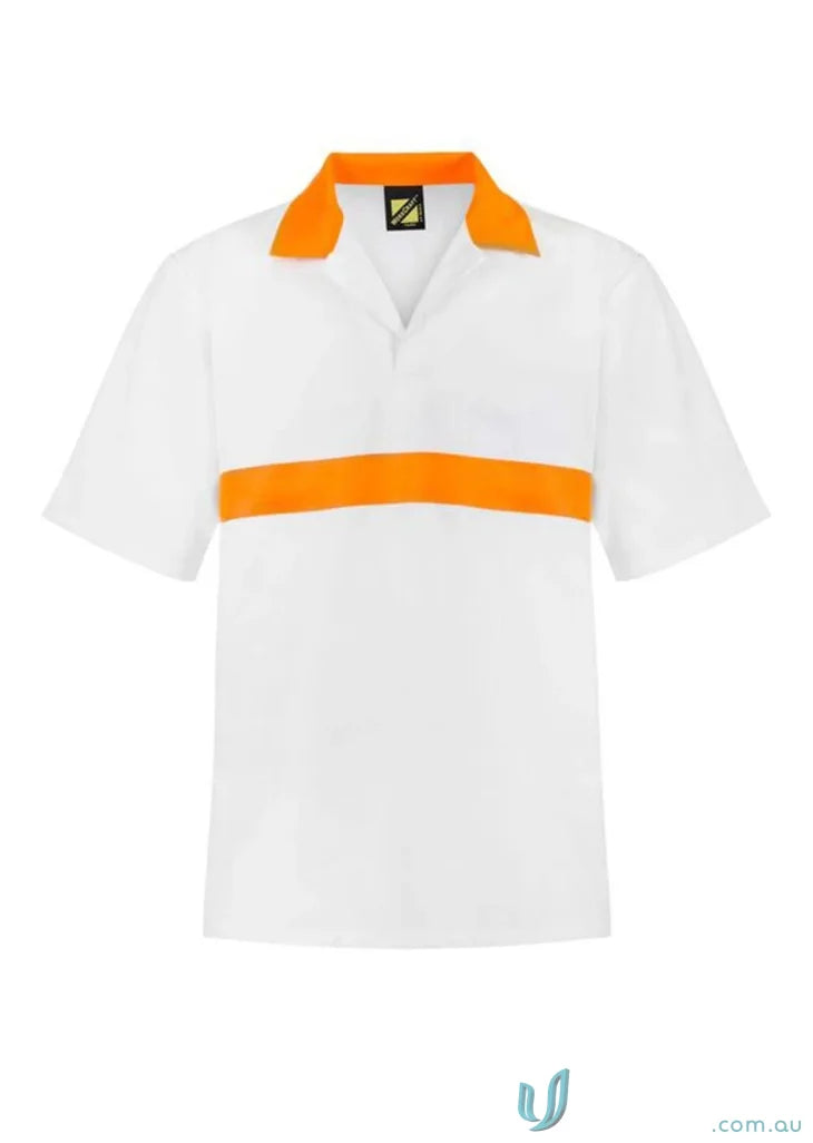 White polo with orange accents Jac Shirt contrast collar workwear for food prep staff