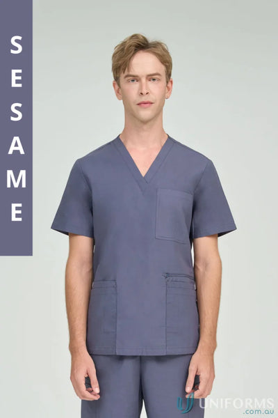 Gray medical scrub set from City Collection Jack with elastic bungee loop for demanding days