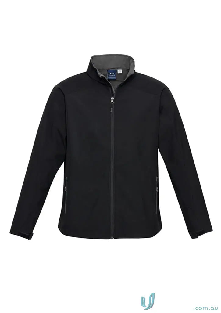 Jani-King EMB Jacket with protection, black softshell workwear, grey collar, zip pockets