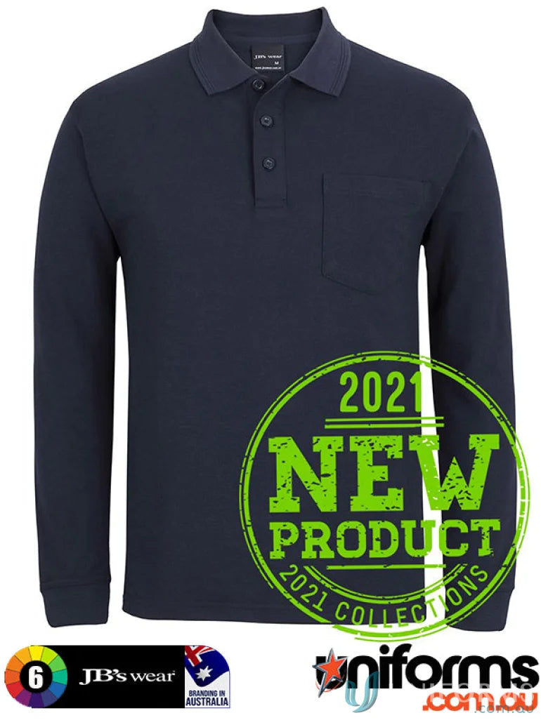 Long sleeve navy blue pocket polo shirt with chest pocket for casual style