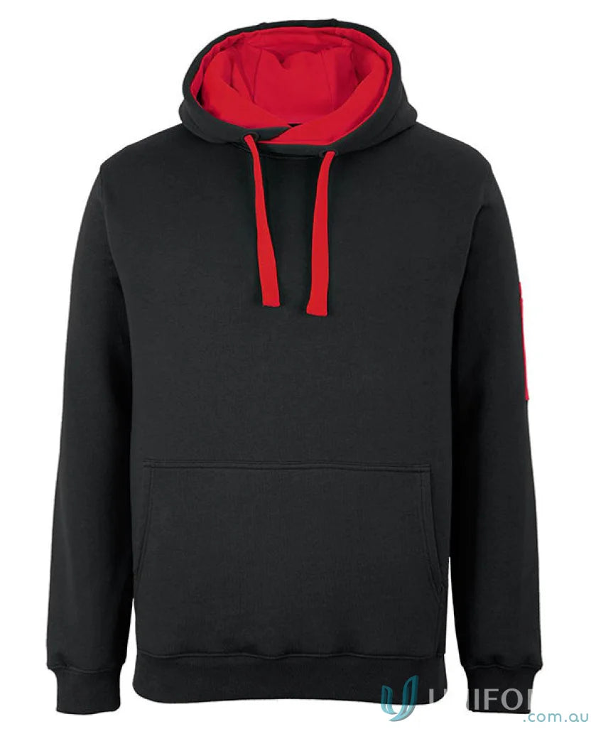 Black JB’S 350GSM Trade Hoodie with perfect fit and red lining for style