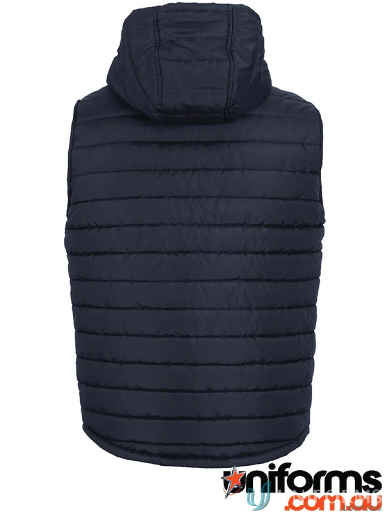 Dark blue JB’S Adults Hooded Puffer Vest with horizontal design lines and quilted hood