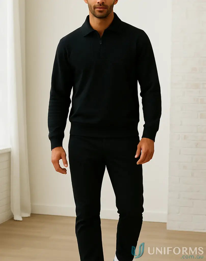 Mens black long-sleeved zip fleecy sweater from JBs Half Zip collection