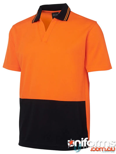 Orange and black two-tone JB’s Hi Vis S/S Non Button Polo fabric workwear uniform
