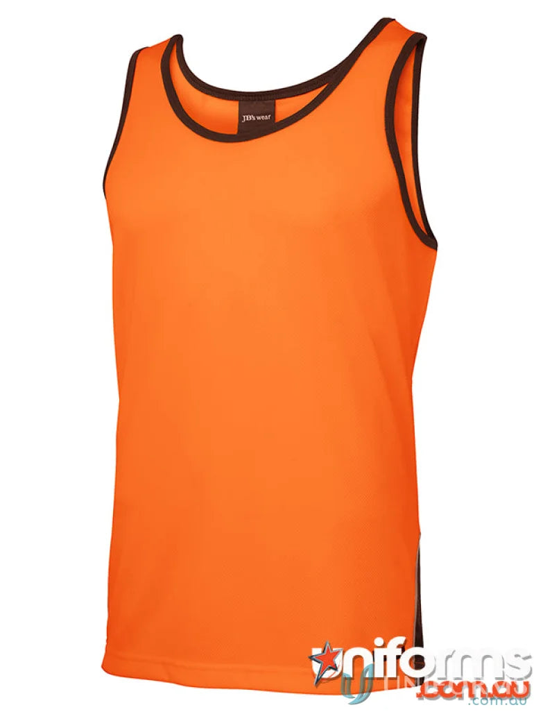 Orange tank top with black trim from JBs HiVis Contrast Singlet, moisture-wicking work uniforms