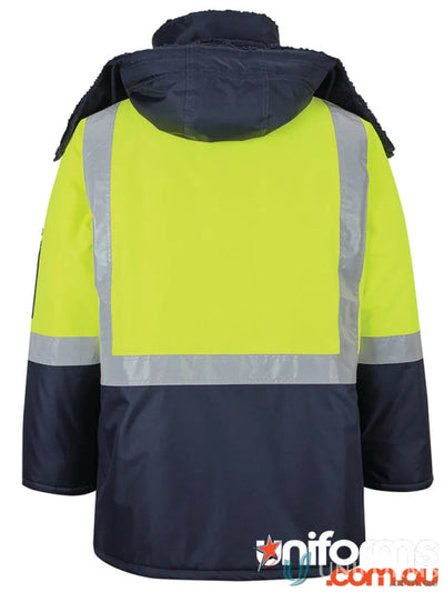 High-visibility work jacket with detachable hood and UPF protection for extra warmth