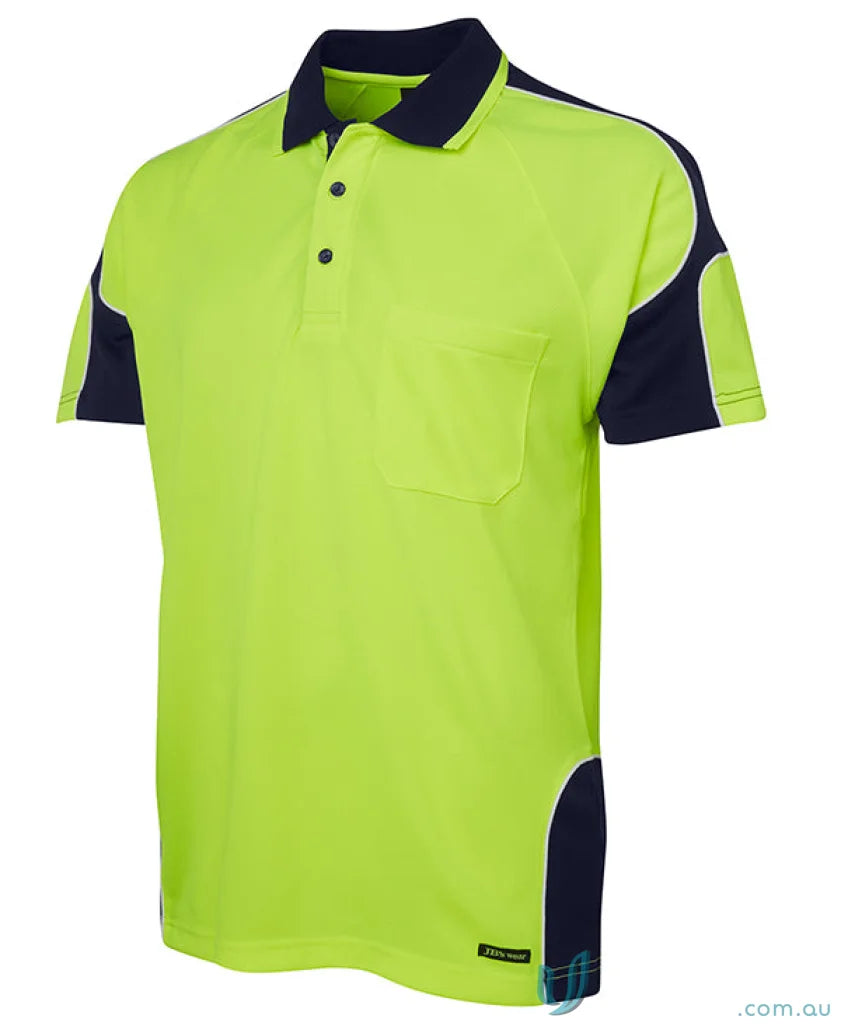 Neon yellow polo shirt with navy blue accents from JBs HiVis S/S Arm Panel Polo workwear fabric