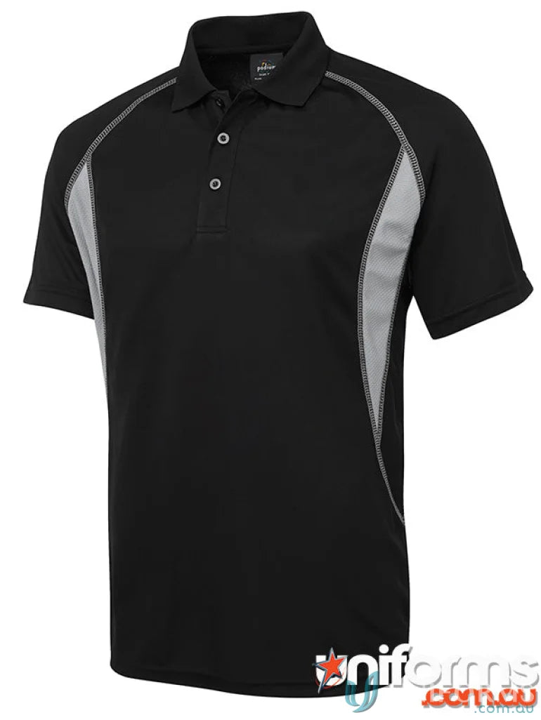 Black JBs Insert Poly polo shirt with gray side panels and Podium Cool moisture-wicking pique knit fabric