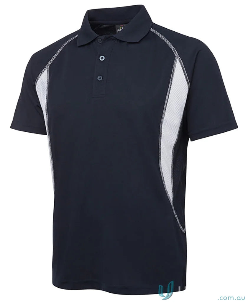 Navy blue JBs Insert Poly polo shirt with white mesh side panels and podium cool moisture-wicking pique knit fabric