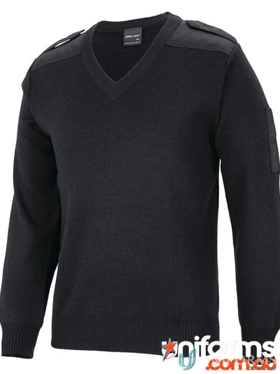 Black V-neck military sweater featuring woven elbow patches and hook-pile tape closures