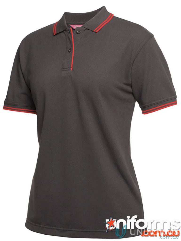 Gray ladies contrast polo with red trim in JB’s Ladies Contrast Polo 210gsm pique knit