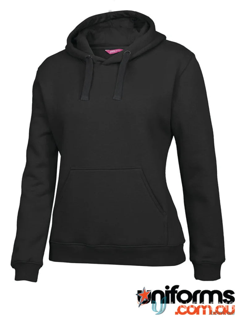 Black hooded sweatshirt from JBs Ladies Fleecy Hoodie with interchangeable drawcord colours
