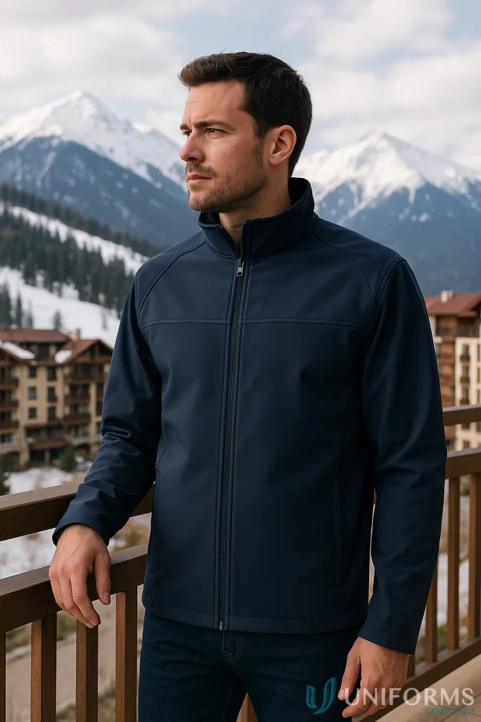 Dark blue JBs Layer Softshell Jacket with zip-up style and stand collar for men