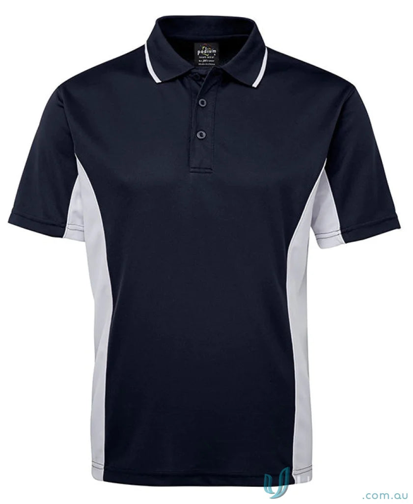 Navy and white polo shirt from JBs Podium with Podium Cool moisture-wicking tech