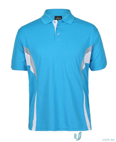 Blue and white polo shirt with dual-color body panel and moisture-wicking tech from JBs Podium Cool