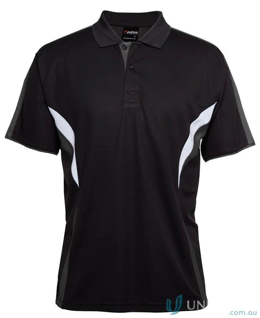 Black JBs Podium Cool Polo with dual-color body panel and moisture-wicking tech