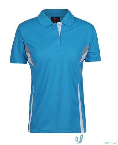 Blue and white polo shirt with dual-color body panel and moisture-wicking tech from JBs Podium Cool