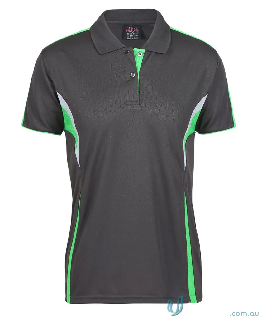 Gray and green womens JBs Podium Cool Polo with dual-color body panel and moisture-wicking tech