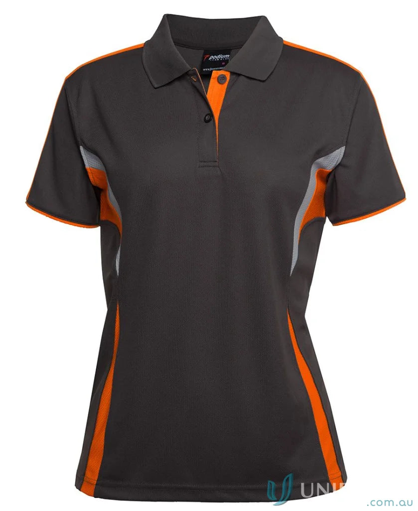 Gray and orange womens polo shirt with dual-color body panel and moisture-wicking tech at JBs Podium Cool