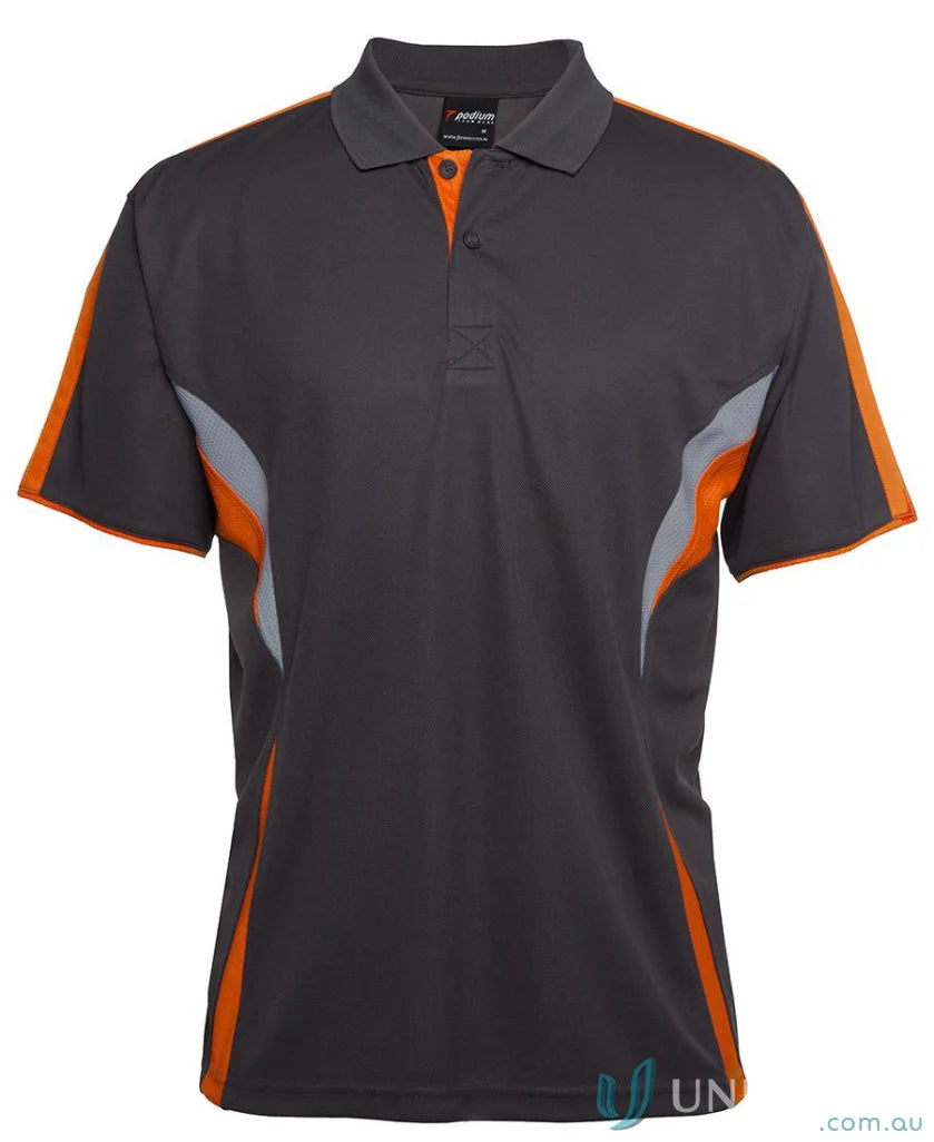 Gray and orange JBs Podium Cool Polo with dual-color body panel and moisture-wicking tech