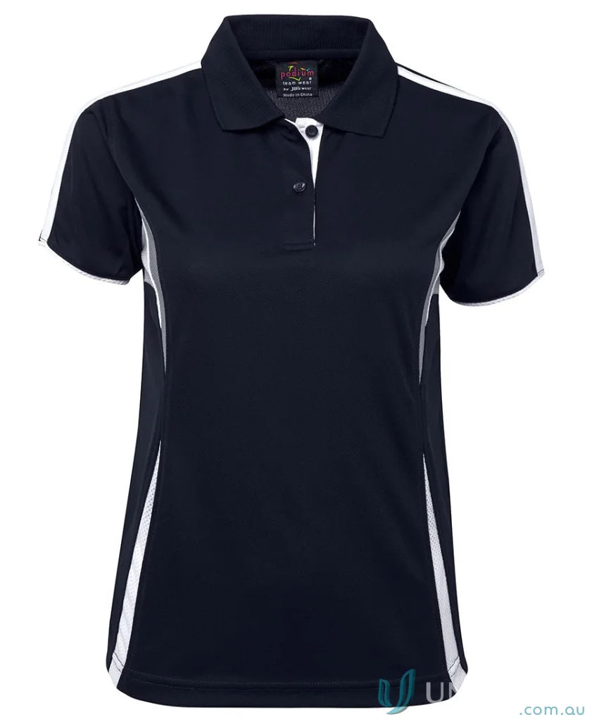 Navy and white womens polo shirt with dual-color body panel and moisture-wicking tech by JBs Podium Cool