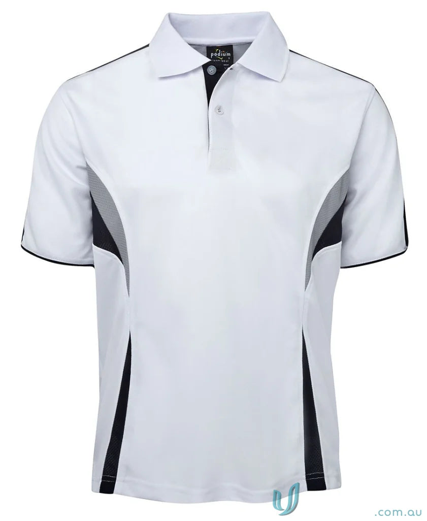 White JBs Podium Cool polo with dual-color body panel and moisture-wicking tech