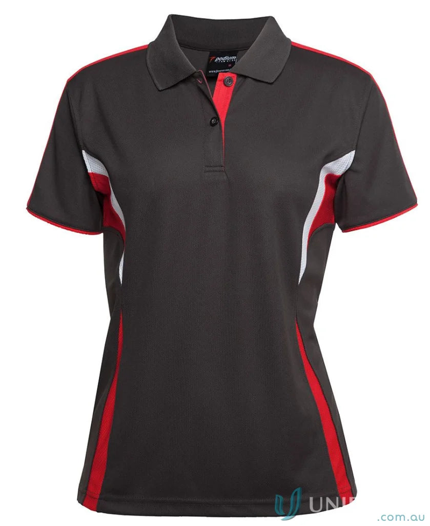 Womens gray JBs Podium Cool Polo with dual-color body panel and moisture-wicking tech