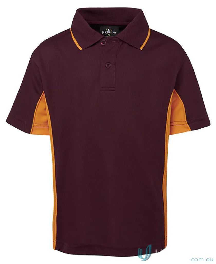 Maroon and gold JBs Podium Kids Contrast Polo shirt for boys or girls