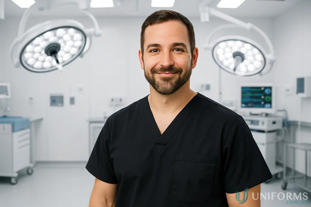 Smiling male surgeon in JBs Unisex Scrubs Top with chest pocket in operating room