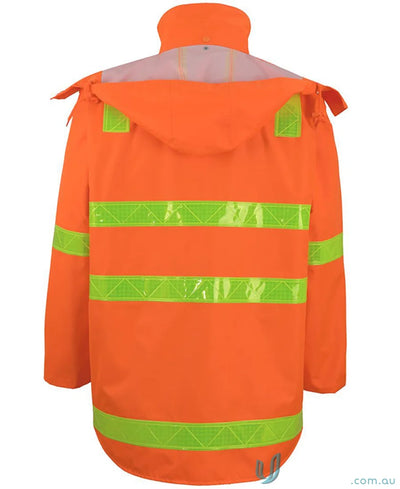 Orange JB’S Vic Road rain jacket with reflective green stripes and tape closure