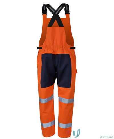 Orange and navy blue JBs Waterproof Bib and Brace with reflective tape and pile tape closure